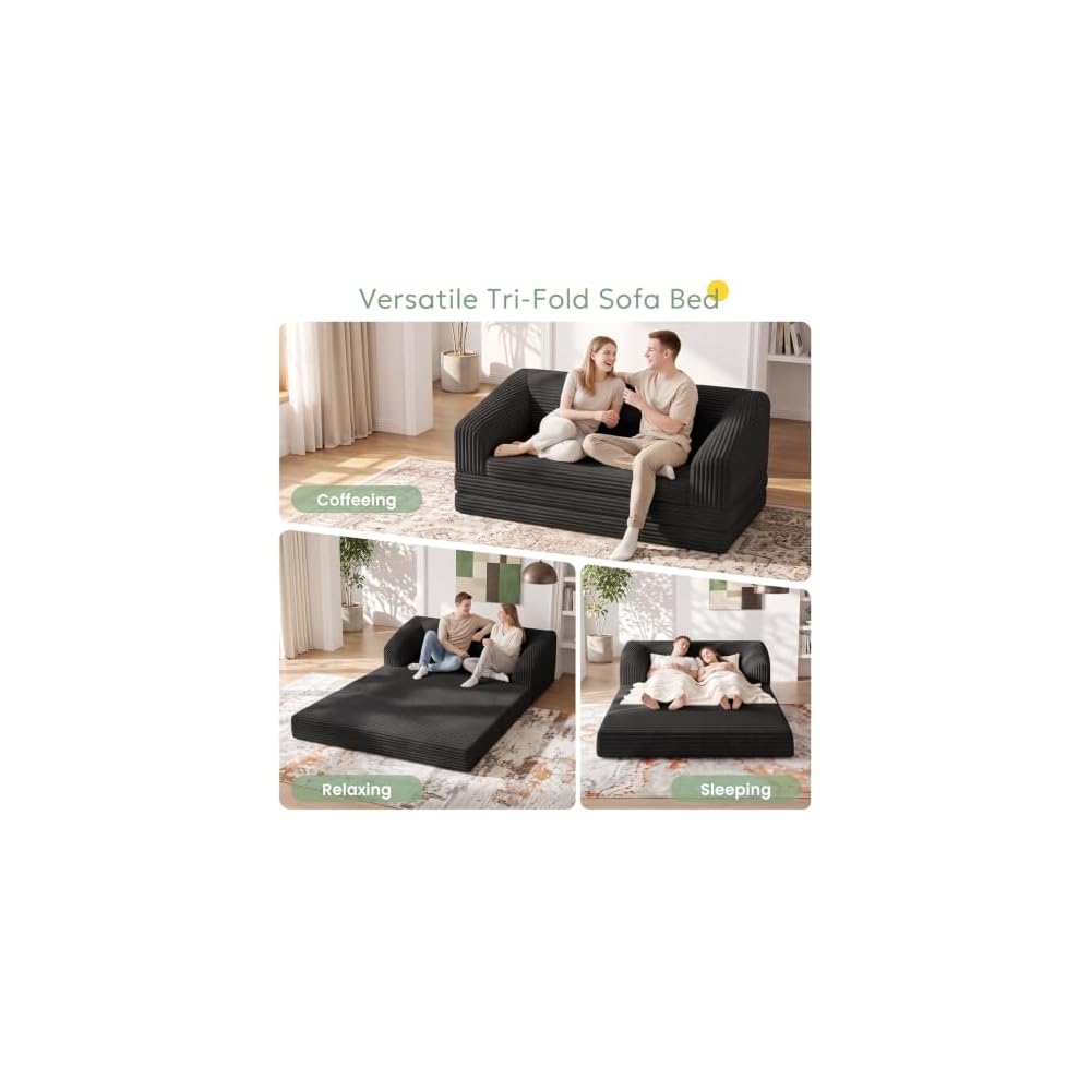 Convertible Sofa Bed, Boneless Loveseat Sleeper Folding Couch Bed with Backrest, 2 in 1 Bean Bag Chair to Floor Sofa Lounger, Comfy Fold Out Couch for Bedroom & Living Room, Black