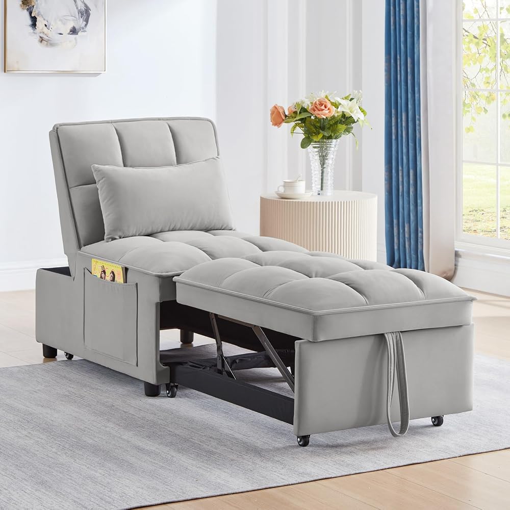 Gray 3 in 1 Convertible Chair Sleeper Bed Single Recliner Hide a beds Chairs for Adults with Pullout Bed Side Pocket Adjustable Backrest and Pillows Velvet Bedroom Foldable Couch