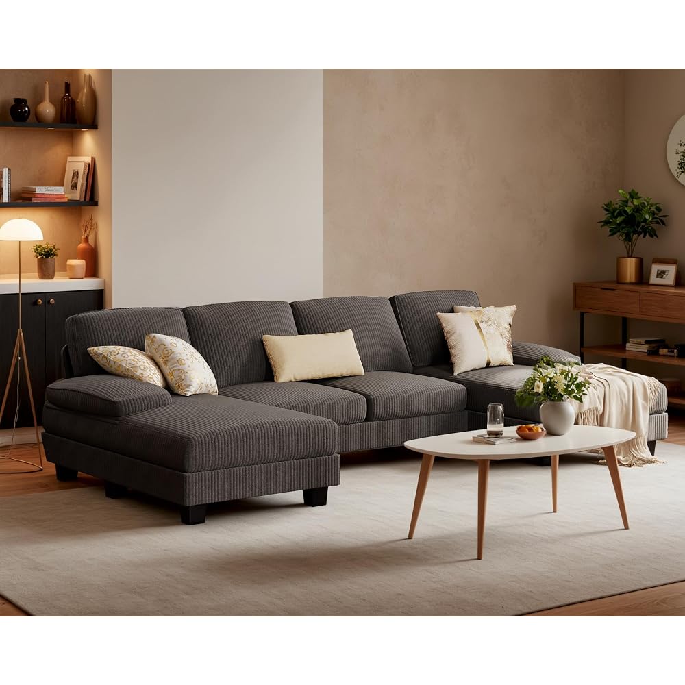 Furniwell Convertible Sectional Sofa Couch, 4 Seat Sofa Set for Living Room U-Shaped Modern Fabric Modular Sofa Sleeper with Double Chaise & Memory Foam (Corduroy, Deep Grey)