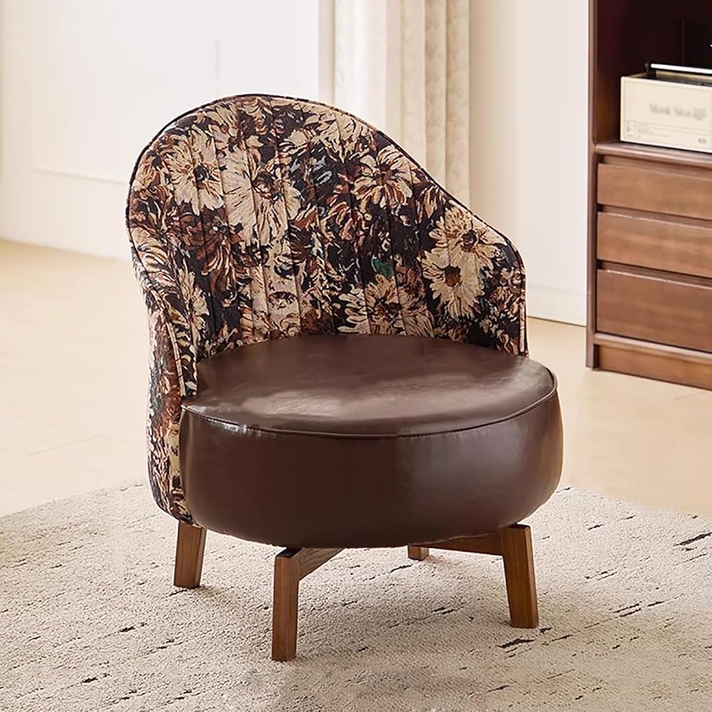 Swivel Foot Rest Stool with Solid Wood Legs, Faux Leather Single Sofa Chair Upholstered Comfortable Low-Back Stool for Living Room, Bedroom, or Reading Nook(53x57x72cm(21x22x28), Brown)