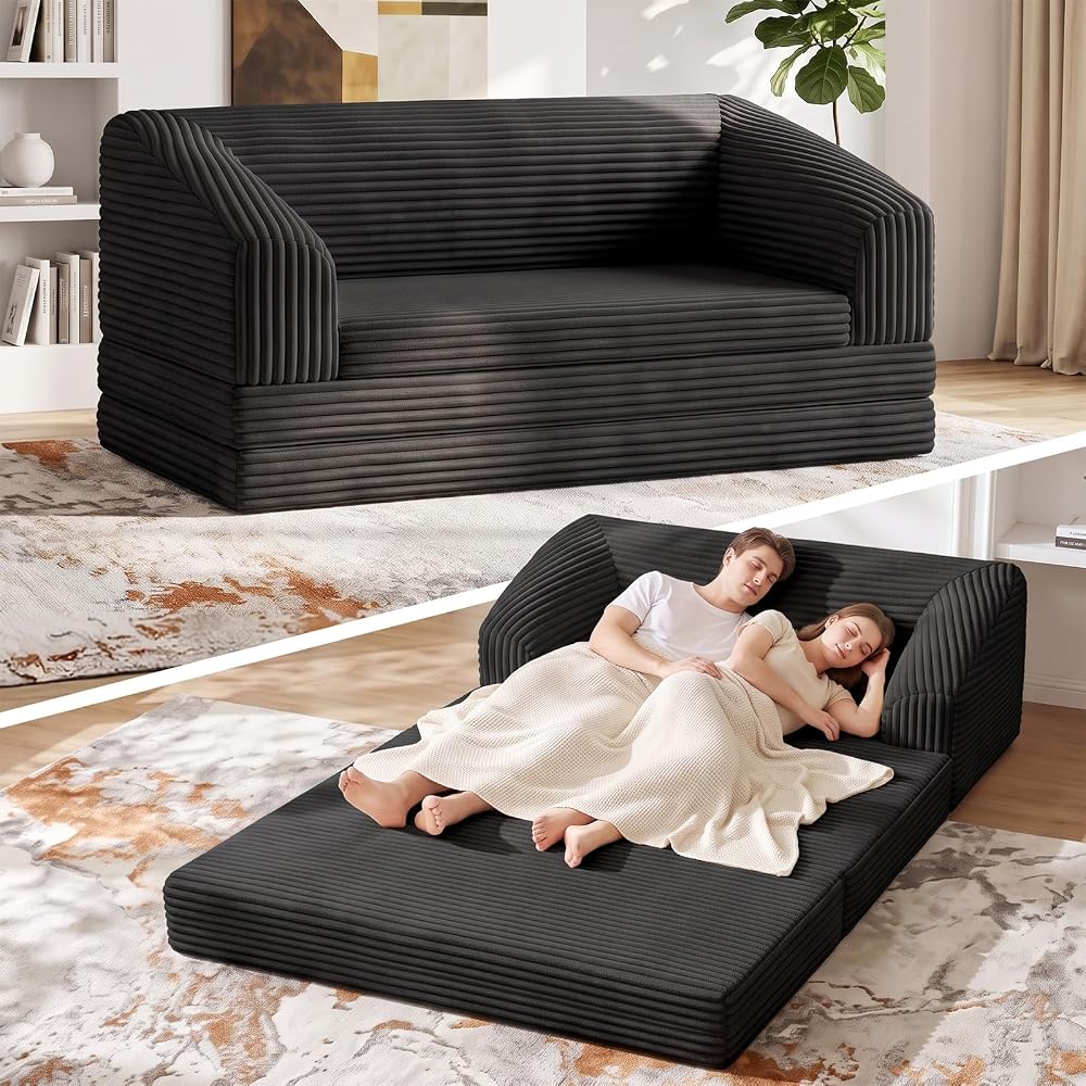 Convertible Sofa Bed, Boneless Loveseat Sleeper Folding Couch Bed with Backrest, 2 in 1 Bean Bag Chair to Floor Sofa Lounger, Comfy Fold Out Couch for Bedroom & Living Room, Black