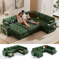 Vipbear 111" Modular Sectional Sleeper Sofa with Pull Out Bed, 7 Seat Chenille L Shaped Couch with Storage Chaise|USB Ports|Cup Holders|Side Table|LED Light, Tool Free Assembly, Green