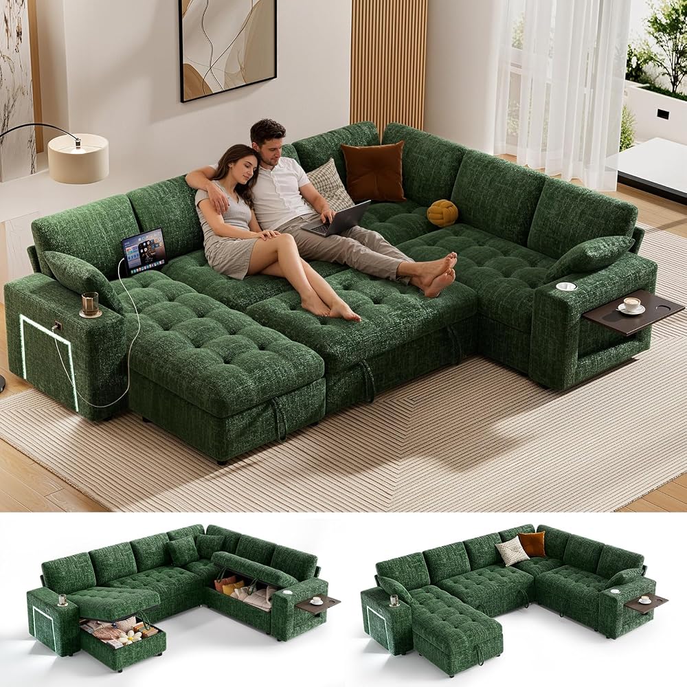 Vipbear 111" Modular Sectional Sleeper Sofa with Pull Out Bed, 7 Seat Chenille L Shaped Couch with Storage Chaise|USB Ports|Cup Holders|Side Table|LED Light, Tool Free Assembly, Green