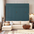 Merax Murphy Bed Wall Bed with Sofa and Shelves, Queen Size, Green Panel, Beige Sofa