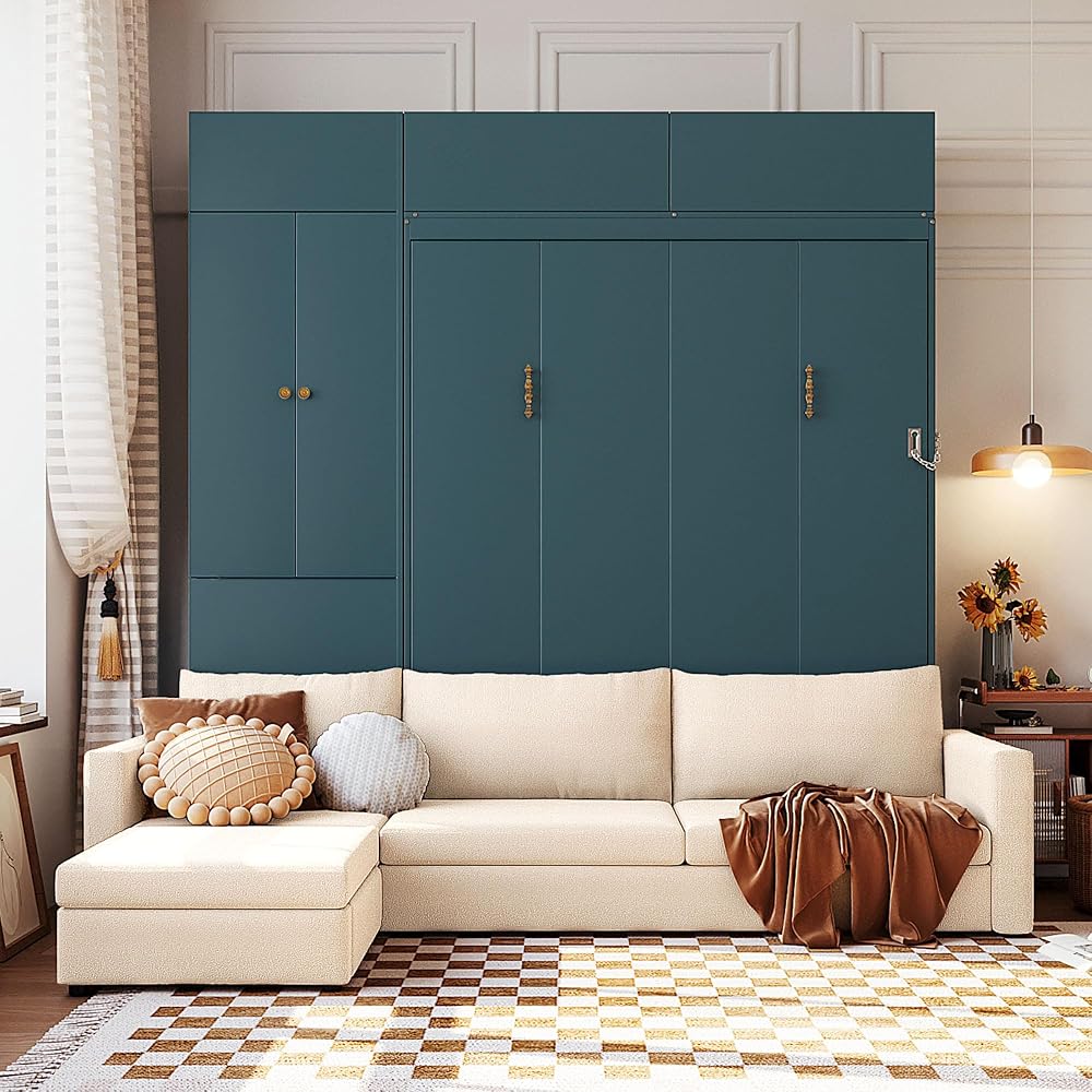 Merax Murphy Bed Wall Bed with Sofa and Shelves, Queen Size, Green Panel, Beige Sofa