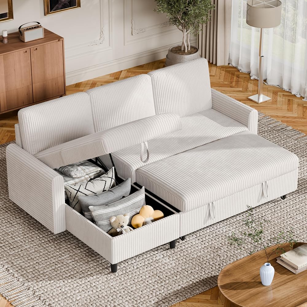 Vongrasig Convertible Sleeper Sofa, Pull Out Couch with Storage, 77" L-Shaped Sofa Bed with Storage Chaise Corduroy Fabric for Living Room, Apartment, Small Space, White